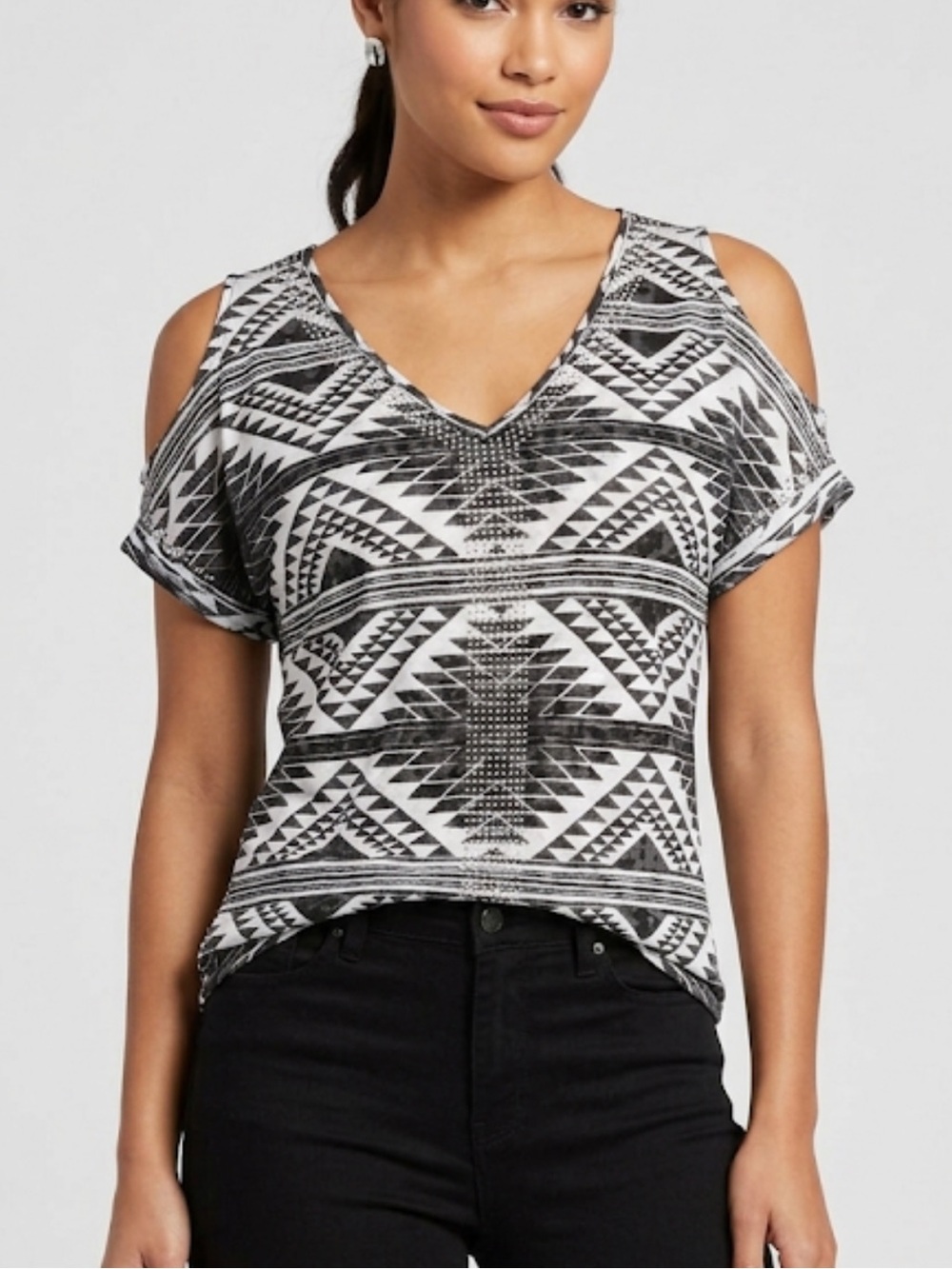 INC Cold Shoulder Aztec Print Rhinestone Tee
